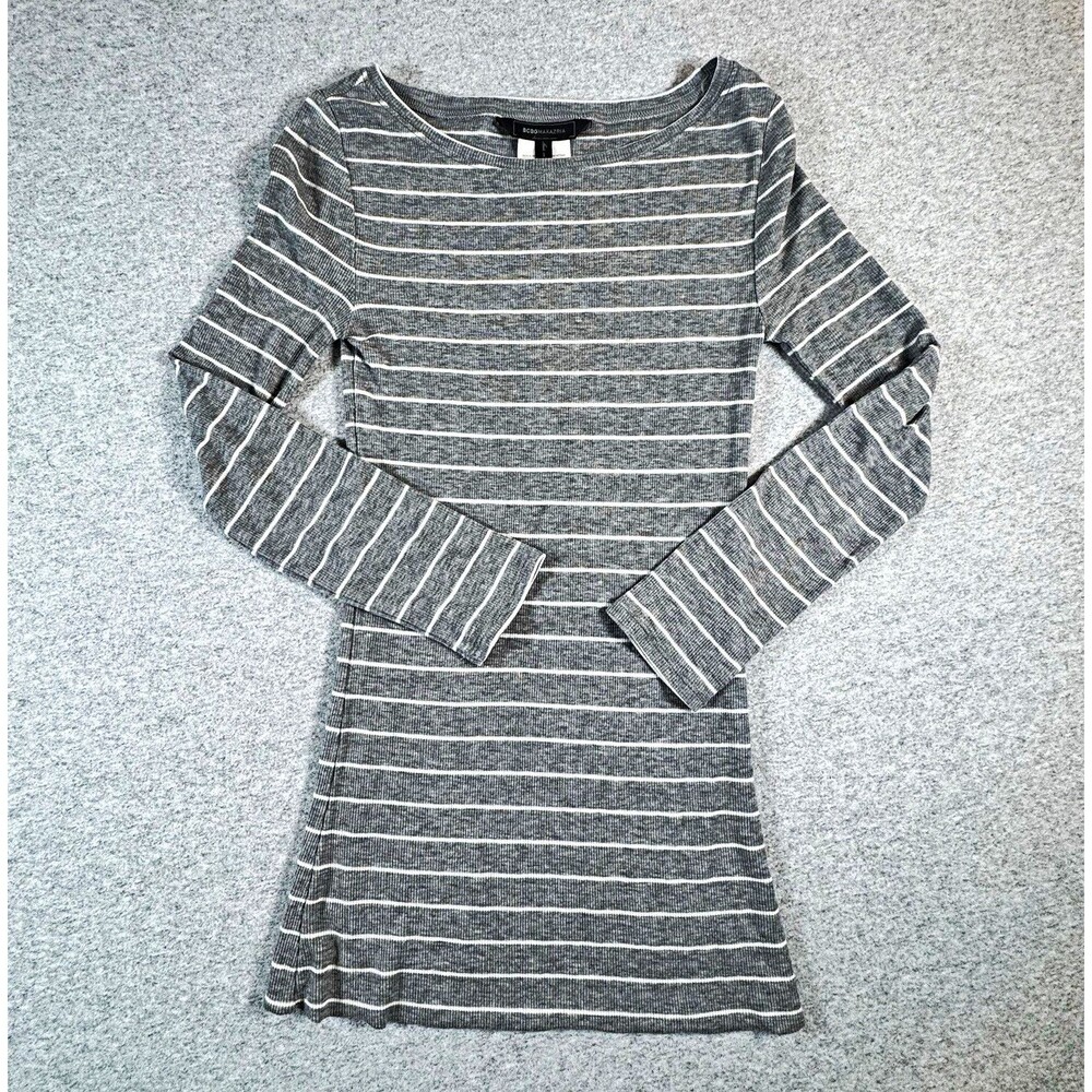 BCBGMAXAZRIA Gray White Striped Long Sleeve Longline Tunic Top XS